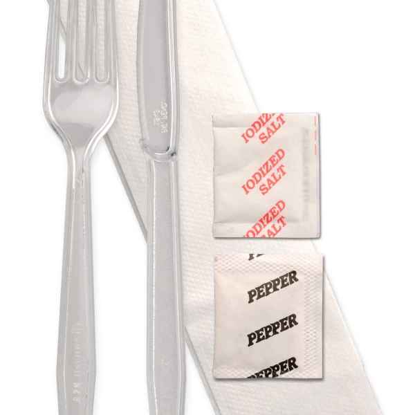 Monarch™ Clear PS Fork, Knife & 13" x 13" Napkin, Salt & Pepper
