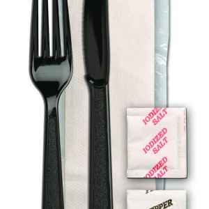 Monarch Ebony PS Fork, Knife, Napkin, Salt & Pepper, Wrapped