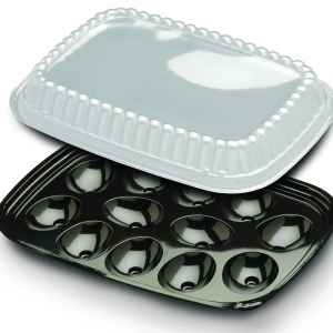 QuikPak® 10.2" x 7.4" Black PET 12-Comp. Egg Container w/Scalloped Dome Lid