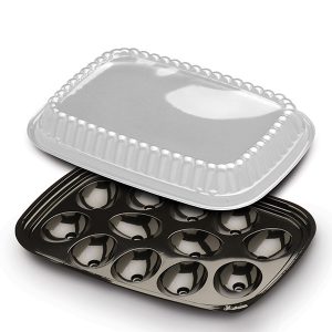 QuikPak® 10.2" x 7.4" Black PET 12-Comp. Egg Container w/Scalloped Dome Lid