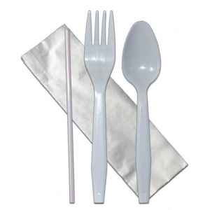Senate™ White PP Fork, Teaspoon, Milk Straw & 10" x 10" Napkin