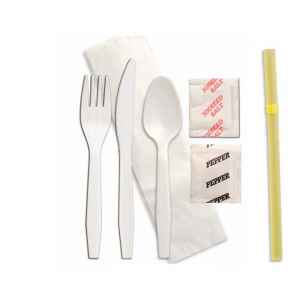 Senate™ White PP Fork, Knife, Teaspoon, 13X13 Napkin, Flex Straw, Salt & Pepper