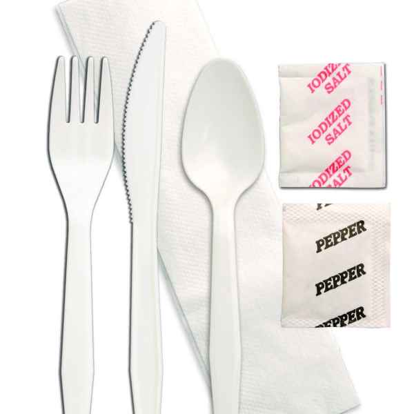 Senate White Fork, Knife, Spoon, 1 Ply Napkin, Salt & Pepper