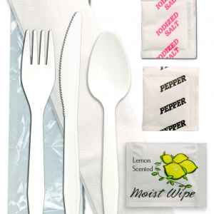 Senate White Medium Weight PP Fork, Knife, Teaspoon, Napkin, Salt & Pepper