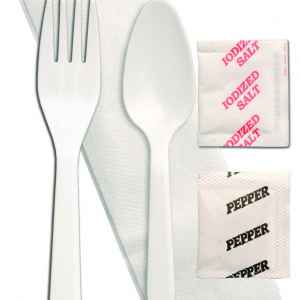 Senate White PP Fork, Teaspoon, Napkin, Salt & Pepper