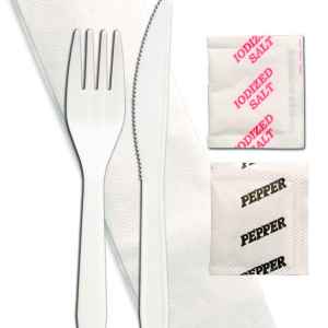 Senate White PP Fork, Knife, 1- Ply Napkin, Salt & Pepper