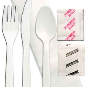 Senate White PP Fork, Knife, Teaspoon, Napkin, Salt & Pepper