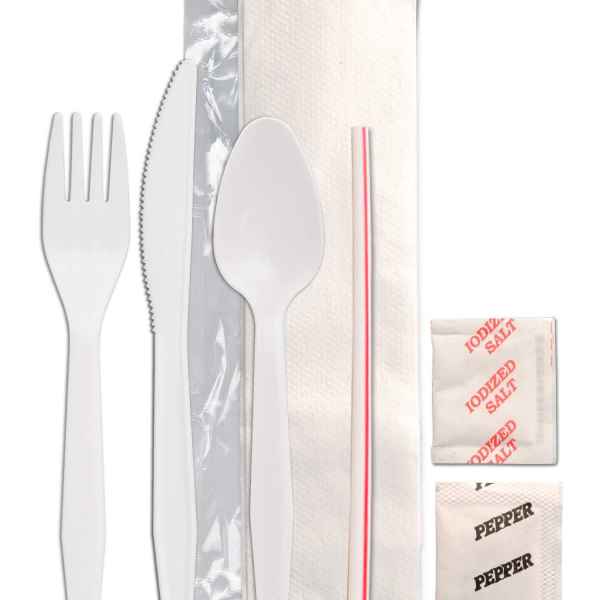 Senate™ White PP Fork, Knife, Teaspoon, 13" x 13"Napkin, Salt & Pepper, Wrapped