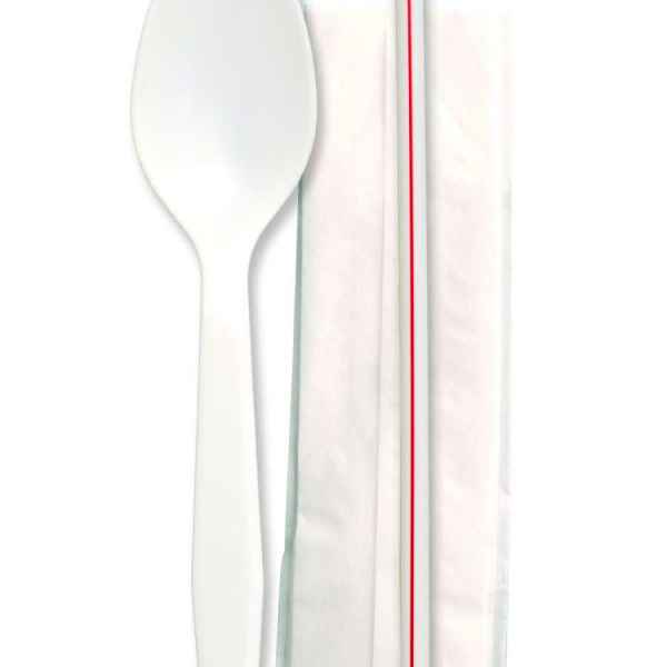 Senate™ White PP Spork, Milkstraw & 10" x 10" 1-Ply Napkin