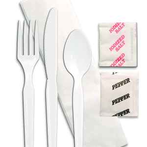 Legion White PS Fork, Knife, Teaspoon, 13" x 13" Napkin, Salt & Pepper
