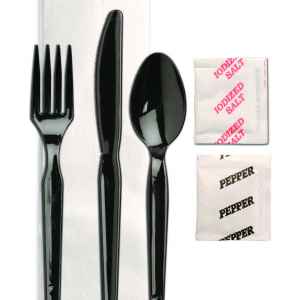 Legion Ebony PS Fork, Knife, Teaspoon, 13X17 1-Ply Napkin, Salt & Peppe